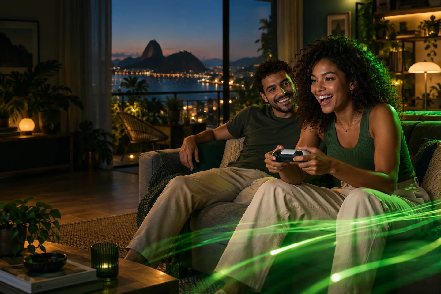 Casal se divertindo com um videogame em uma sala iluminada à noite
