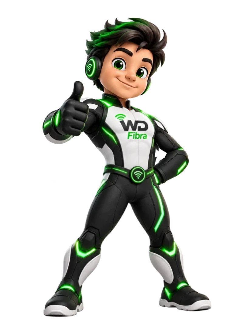 Mascote WDFIBRA com uniforme tecnológico e headset verde